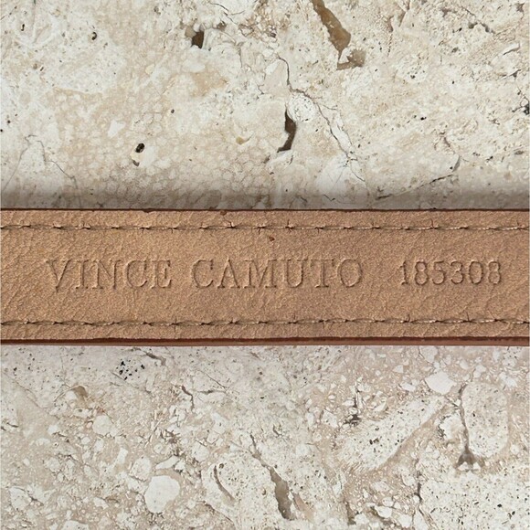 Vince Camuto Skinny Belt Tan Brown Faux Vegan Leather Blue Tapestry Inset - Picture 10 of 11